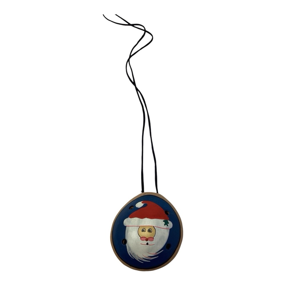 Vintage Peru Ocarina Clay Whistle Charm Ornament Hand Painted Santa Christmas